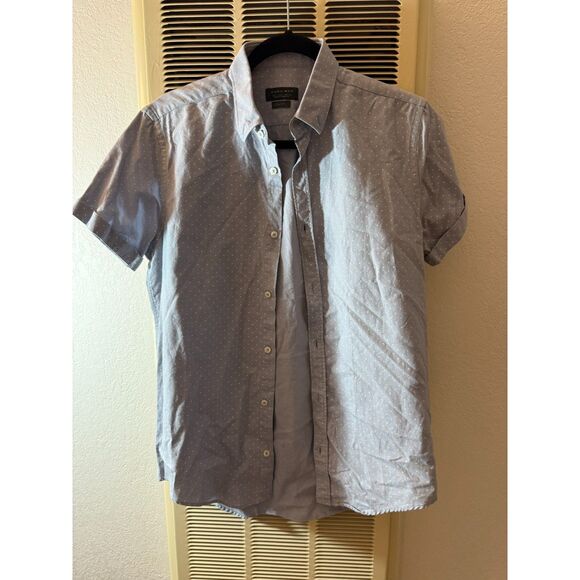 ZARA MAN Light Blue Short Sleeve Button-Up – Size Small – Slim Fit Polka Dot - Picture 3 of 3